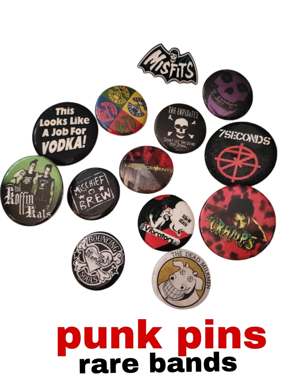 13 Punk Band Pins/ Buttons. Misfits, Dead Milkmen, Cramps Etc
